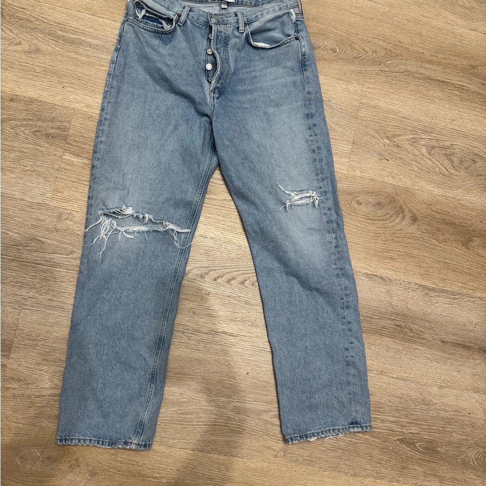 Agolde Light Blue Straight Jeans with Distressed Details